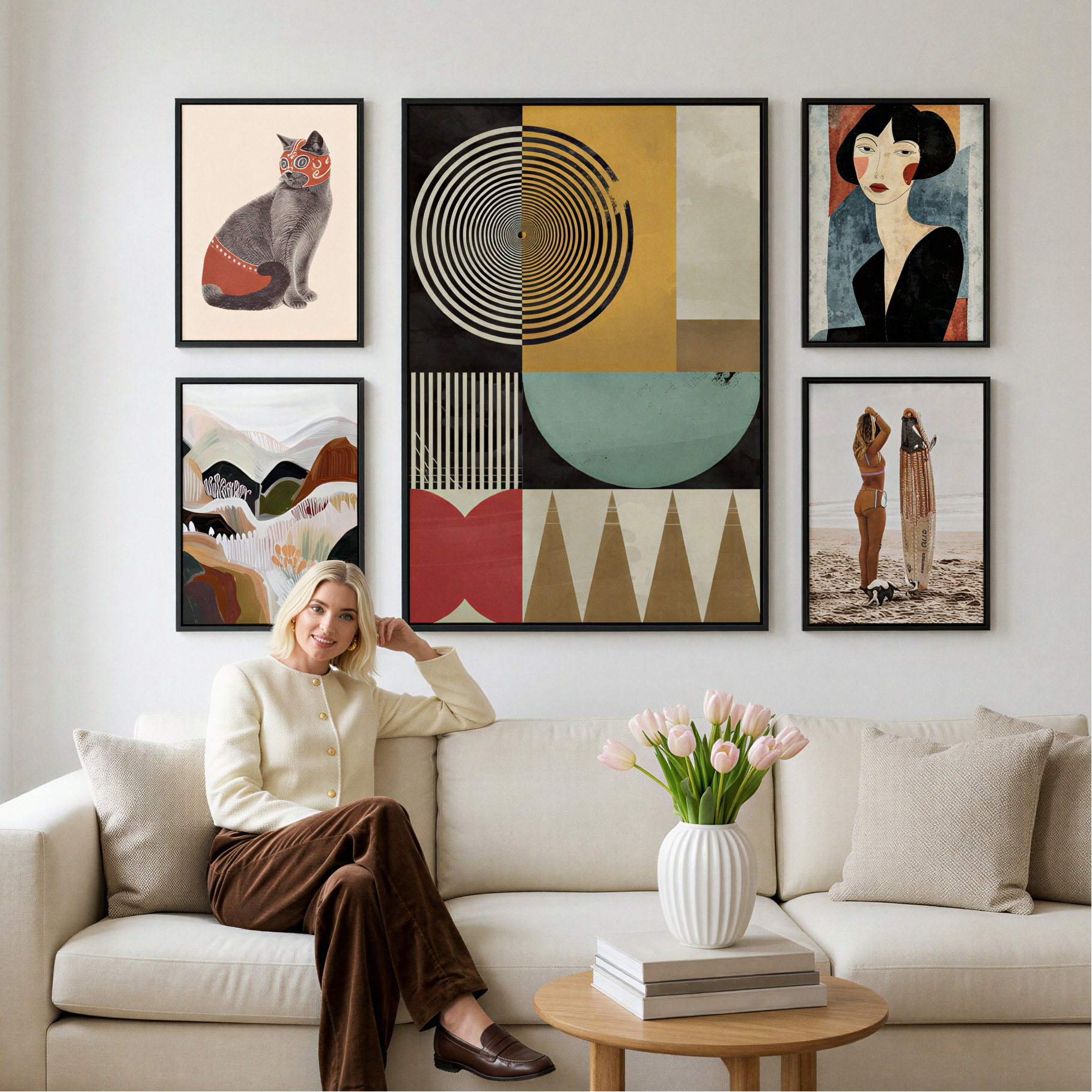 Woman sitting on a couch in a living room with decorative wall art and a vase of flowers. A gallery wall of abstract, figurative, coastal and botanical art behind her.