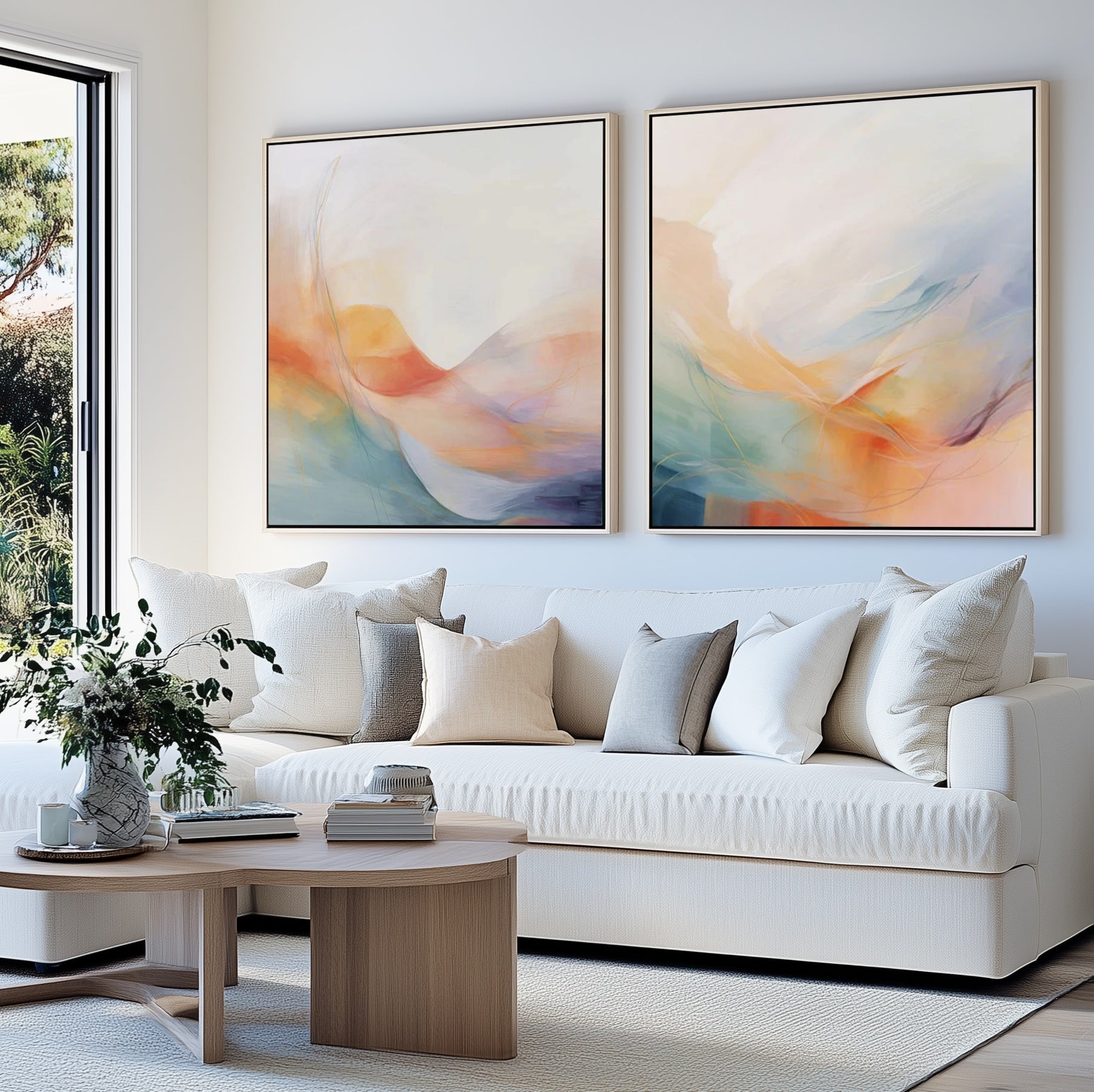 Pair of colourful abstract artwork in white frame hanging above a white couch in a modern living room.