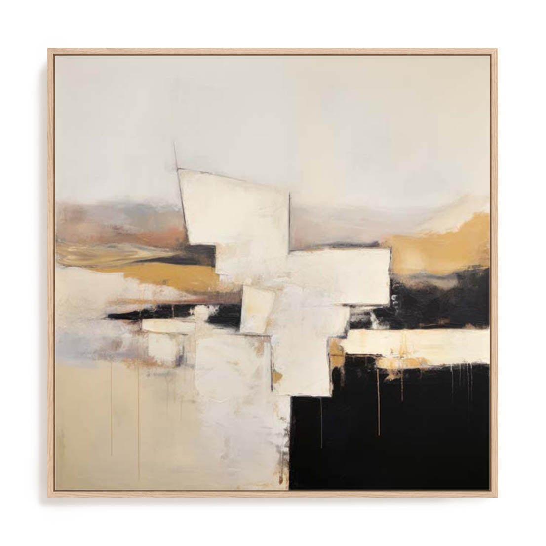 Wall Art Stretched Canvas In Natural Oak  Frame - Neutral Monochrome Formscape Ii Abstract Art