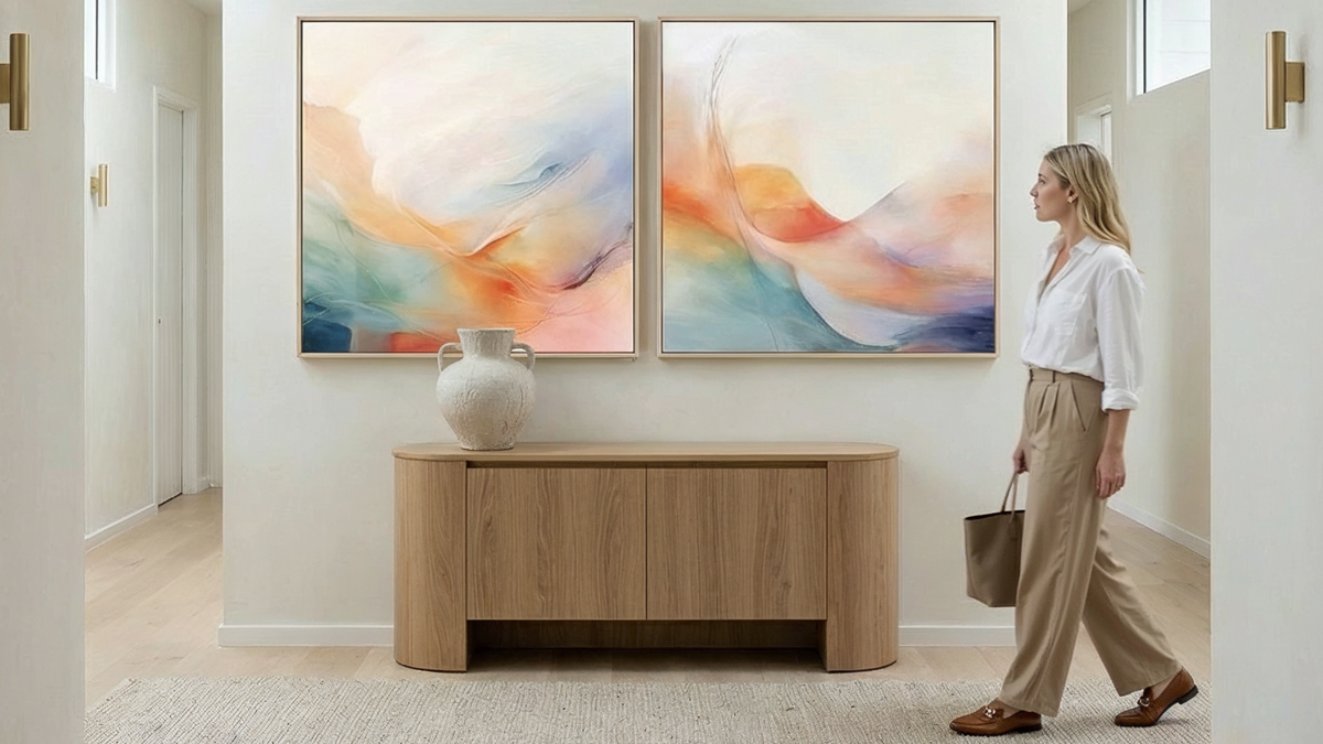 Woman walking in a modern home interior with abstract art on the wall.