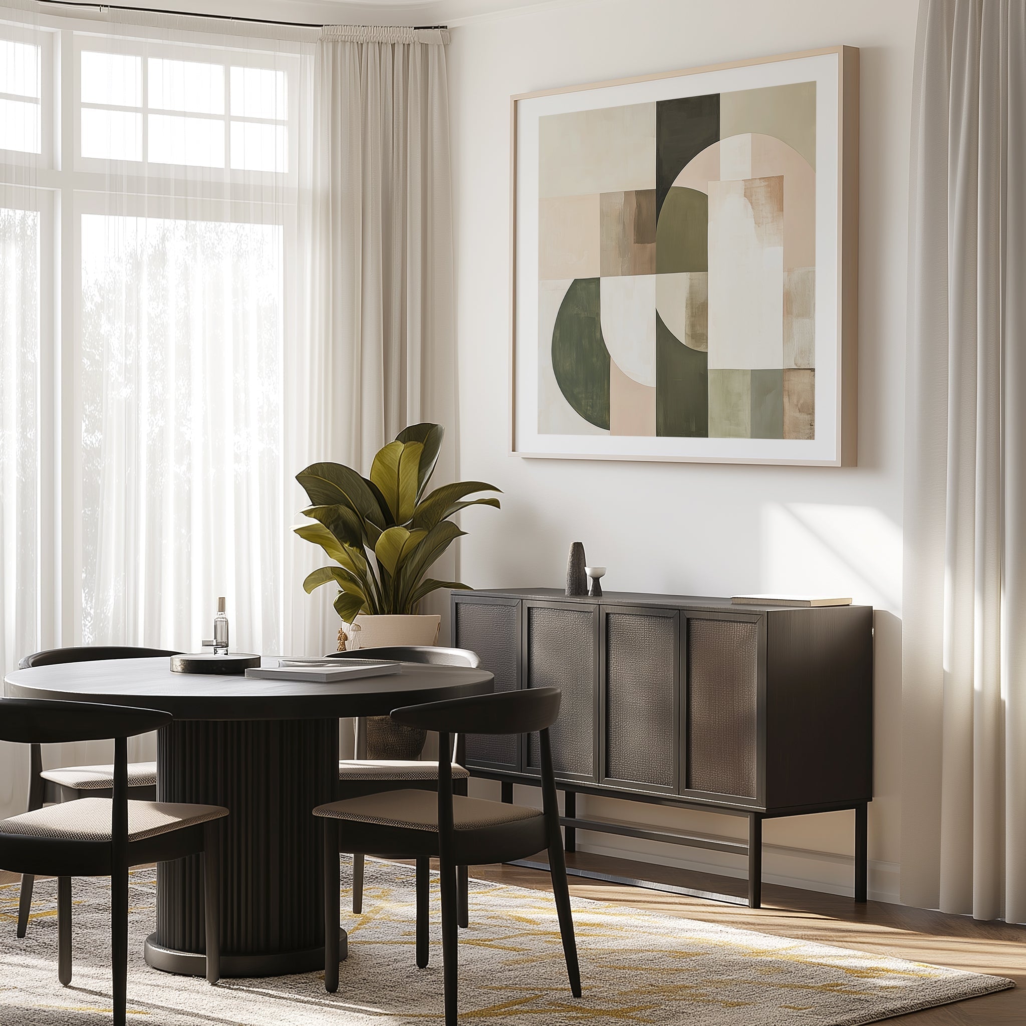 Neutral abstract artwork in contemporary dining space – part of Artey wall art’s trade-exclusive wall art offering.