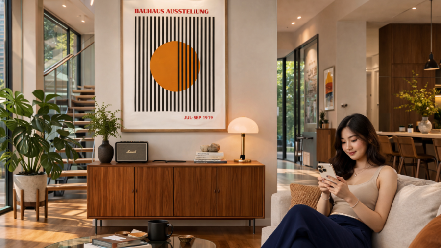 Bauhaus print featured on a wall in a midcentury livign room with a woman sitting on a couch using a smartphone.