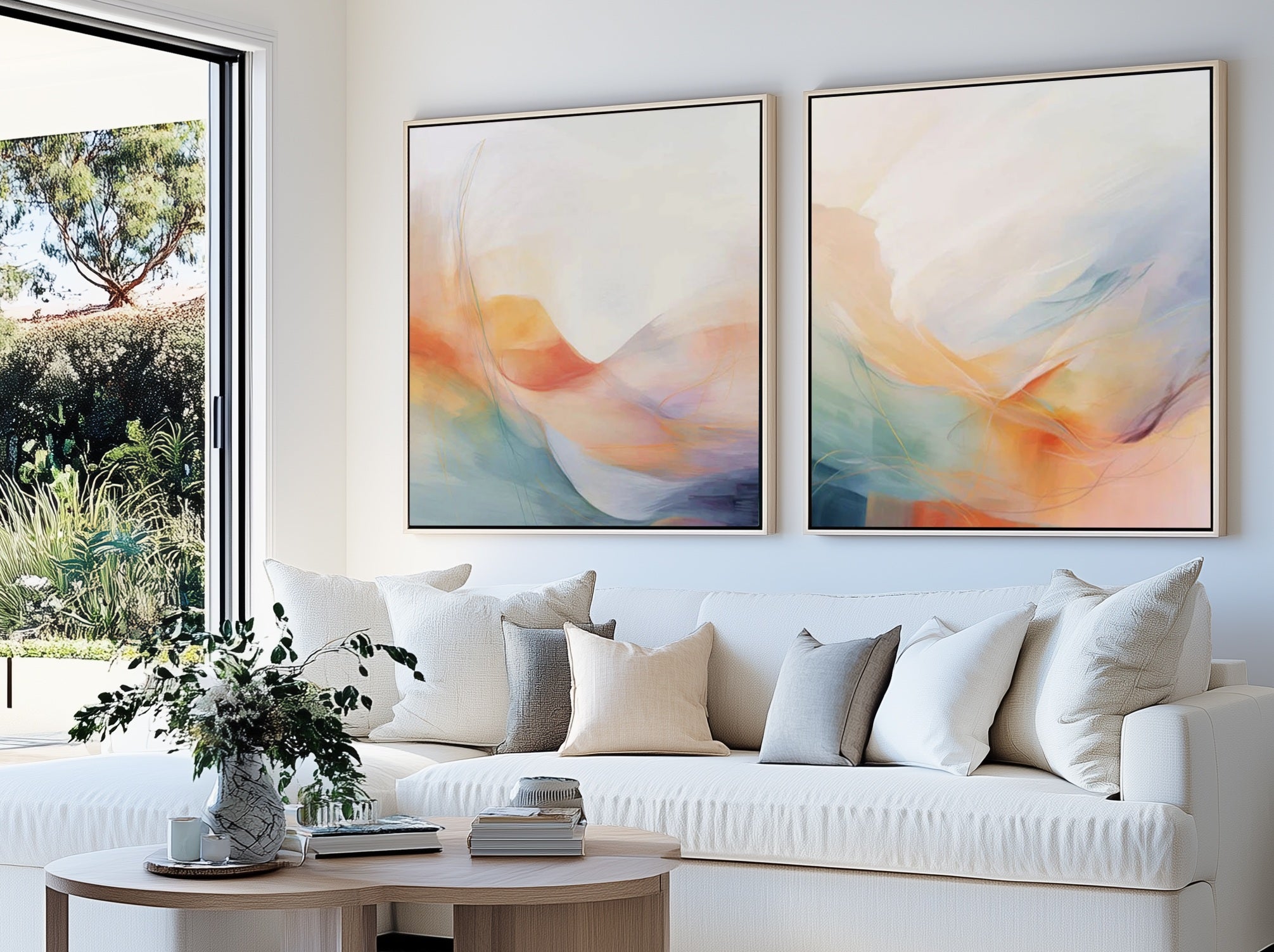 Pair of colourful abstract artwork in white frame hanging above a white couch in a modern living room.