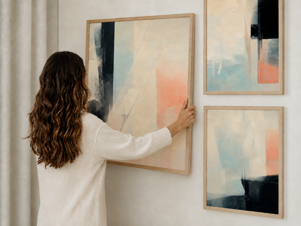 Woman arranging abstract art pieces on a wall