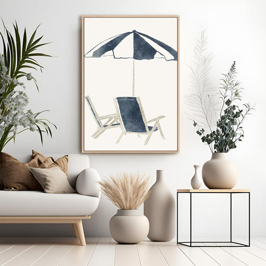 Blue Umbrella and Chairs Wall Art