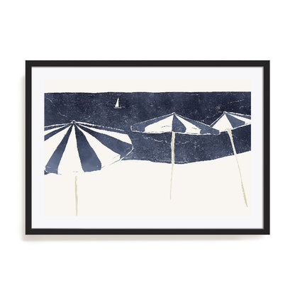 Blue Umbrellas and Sailboat Wall Art