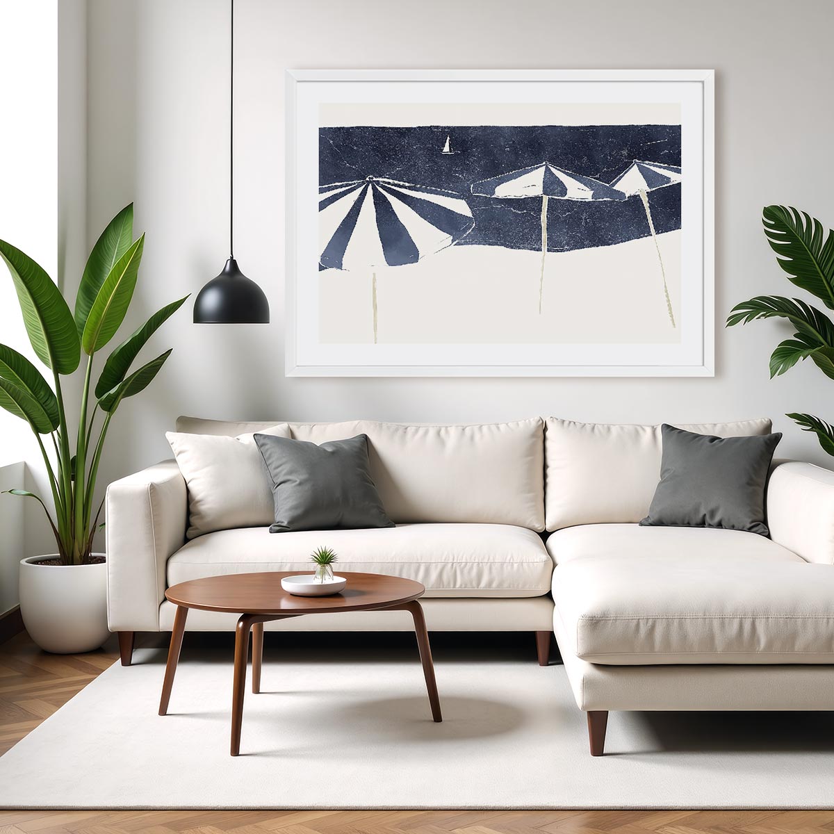 Blue Umbrellas and Sailboat Wall Art