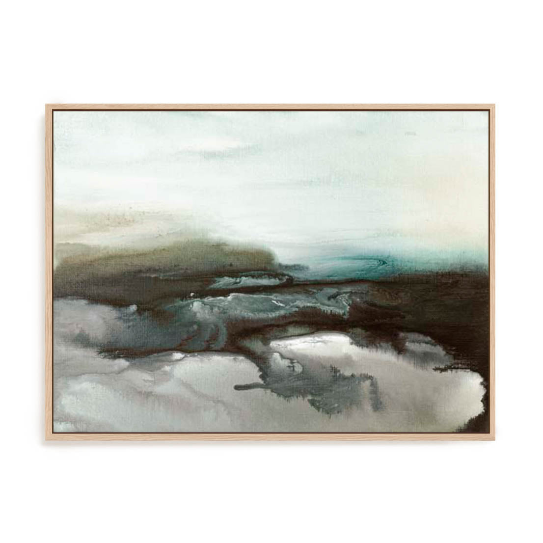 Wall Art Stretched Canvas In Natural Oak  Frame - Marshland Serenity Abstract Art