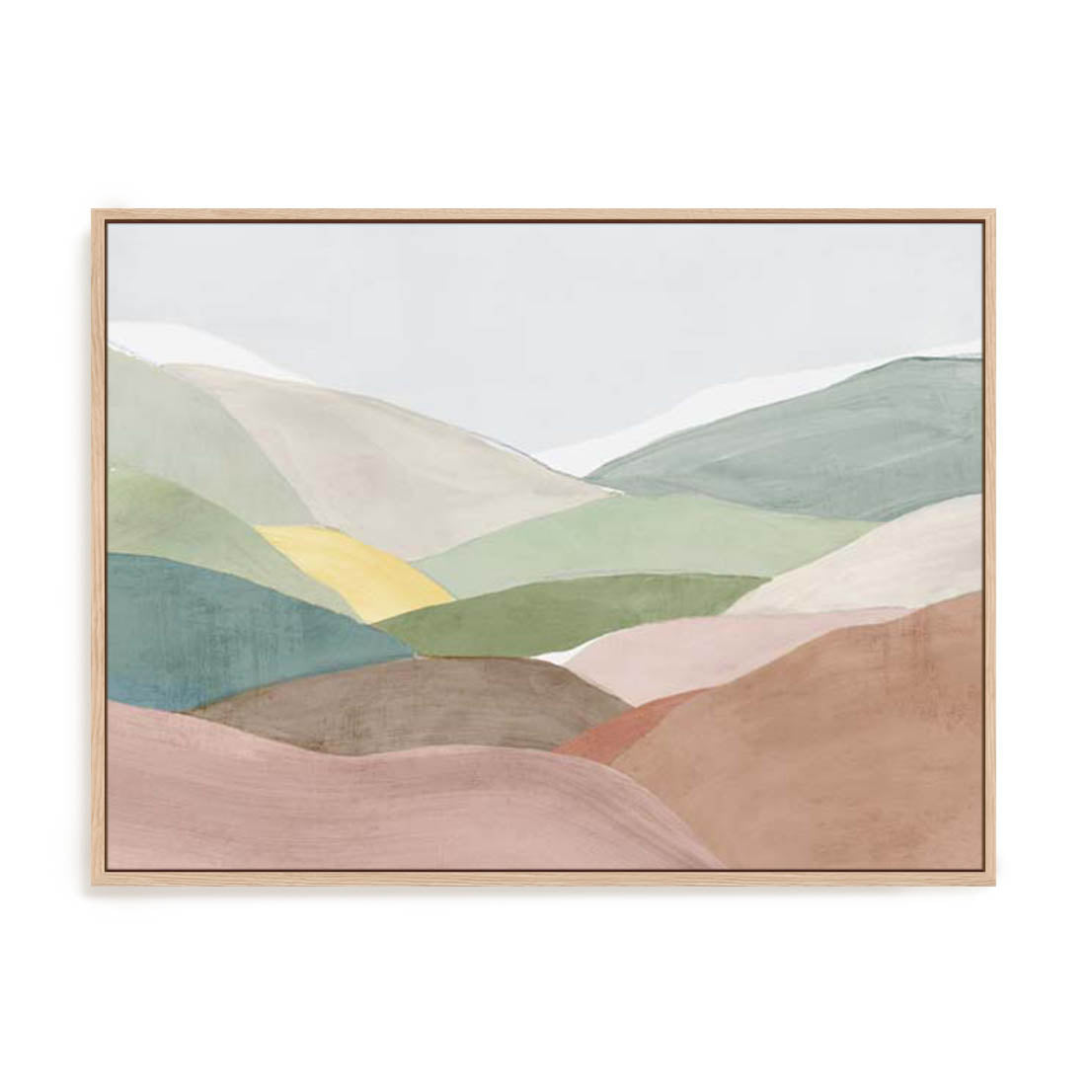 Wall Art Stretched Canvas In Natural Oak  Frame - Soft Rolling Hills I Landscape Art