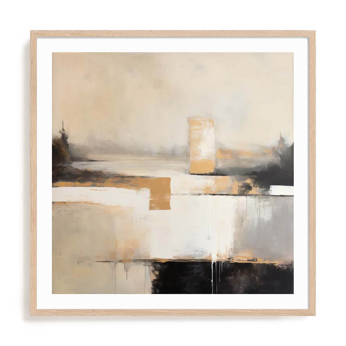 Wall Art Print Poster In Natural Oak Frame - Neutral Monochrome Formscape I Abstract Art