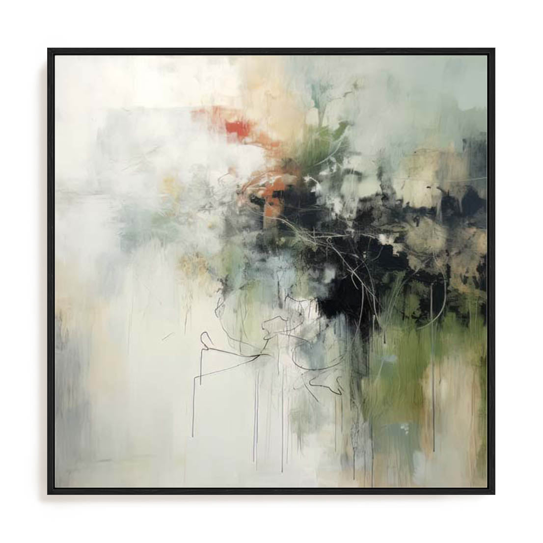 Wall Art Stretched Canvas In Black Frame - Green Abstraction I Botanical Art