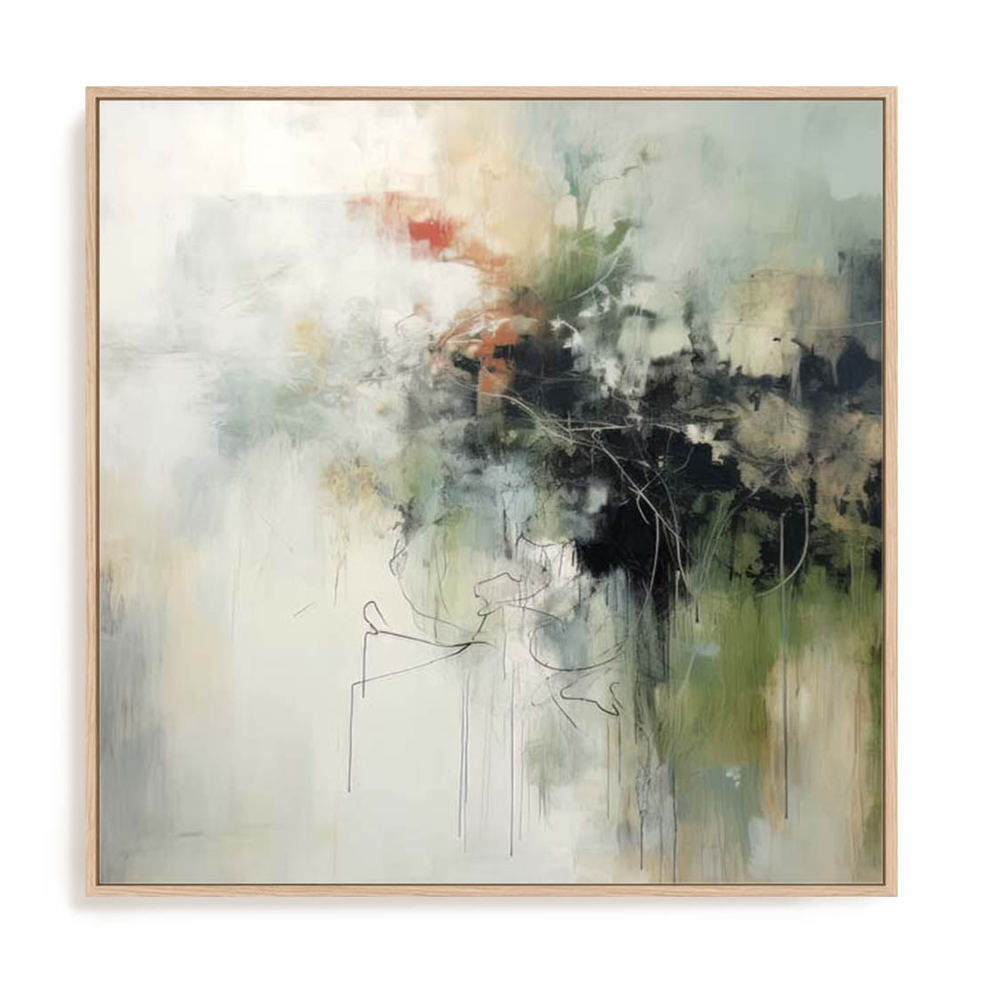 Wall Art Stretched Canvas In Natural Oak  Frame - Green Abstraction I Botanical Art