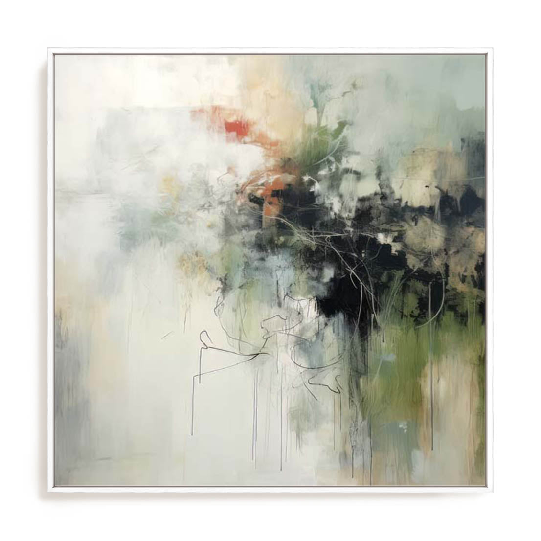 Wall Art Stretched Canvas In White  Frame - Green Abstraction I Botanical Art