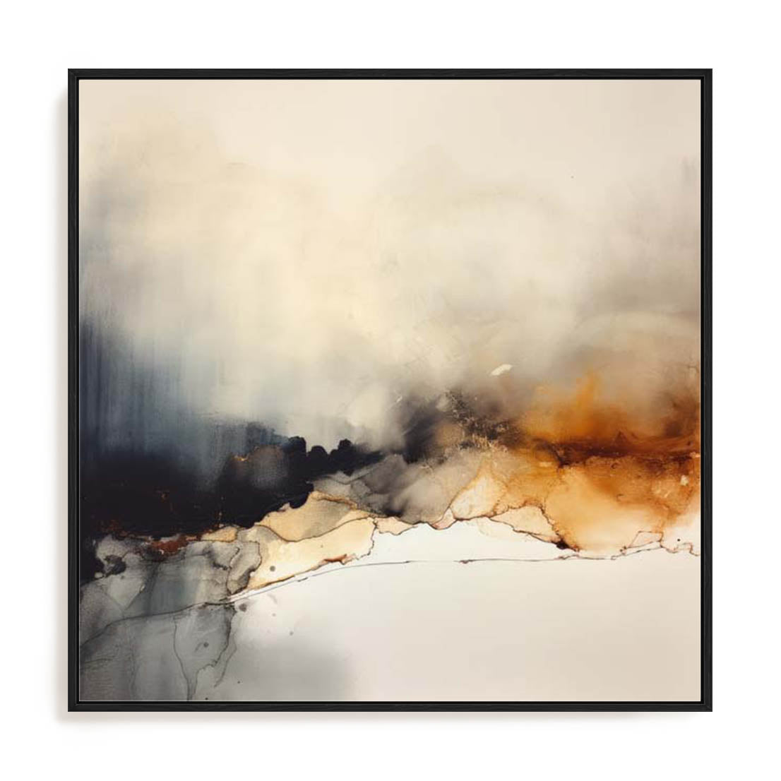 Wall Art Stretched Canvas In Black Frame - Liquid Gold Infusion I Abstract Art