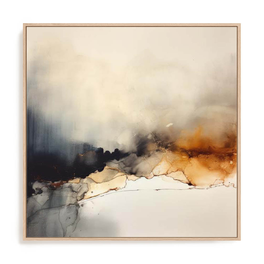 Wall Art Stretched Canvas In Natural Oak  Frame - Liquid Gold Infusion I Abstract Art