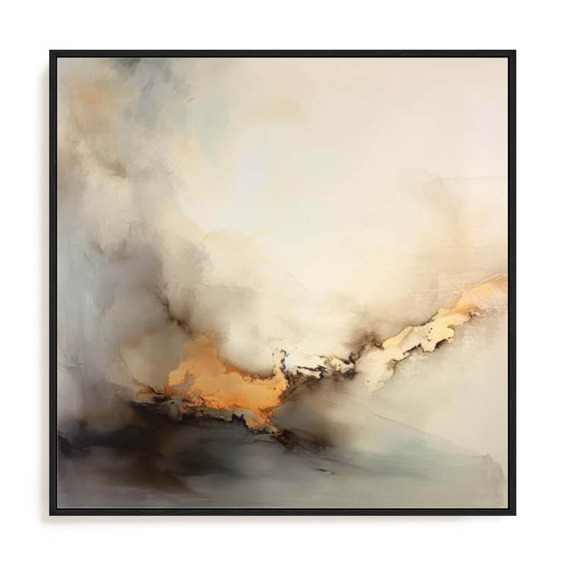 Wall Art Stretched Canvas In Black Frame - Liquid Gold Infusion Ii Abstract Art