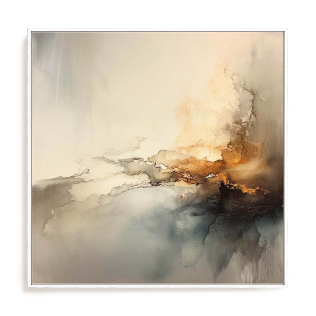 Wall Art Stretched Canvas In White  Frame - Liquid Gold Infusion Iii Abstract Art