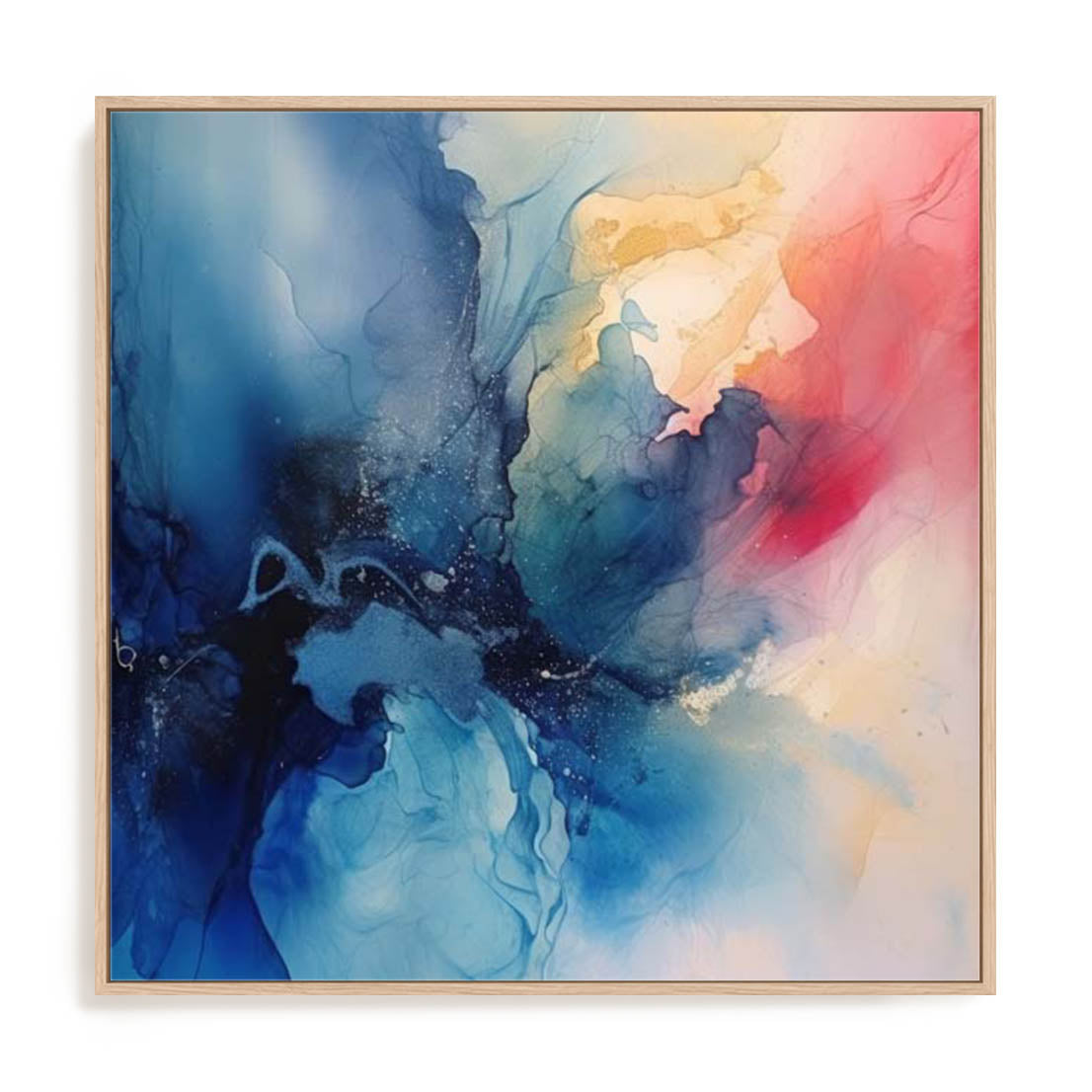 Wall Art Stretched Canvas In Natural Oak  Frame - Abstracted Blue Rhythms I Abstract Art