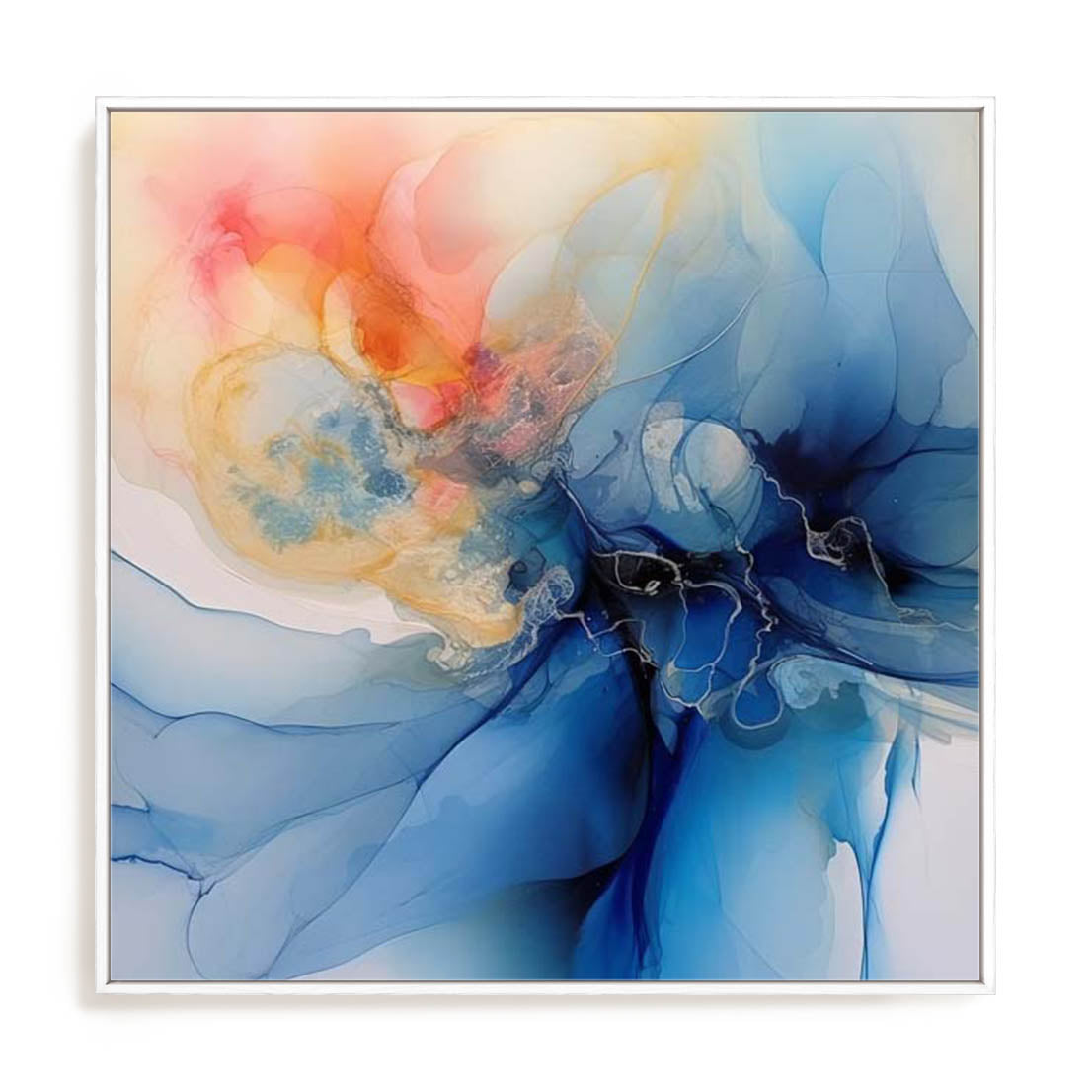 Wall Art Stretched Canvas In White  Frame - Abstracted Blue Rhythms Ii Abstract Art