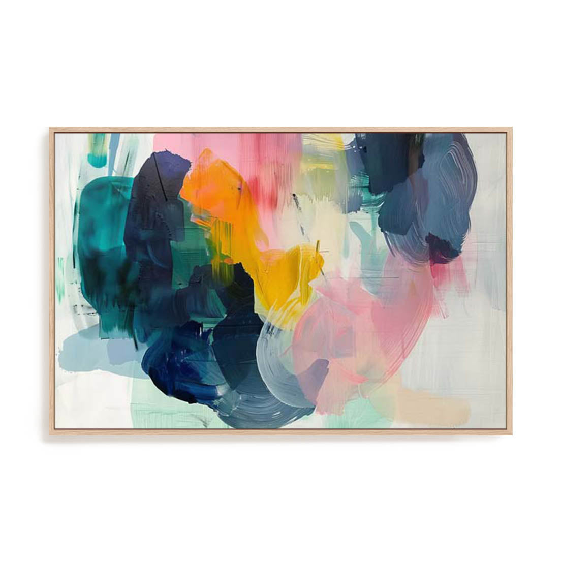 Wall Art Stretched Canvas In Natural Oak  Frame - Radiant Colorburst Adventure I Abstract Art