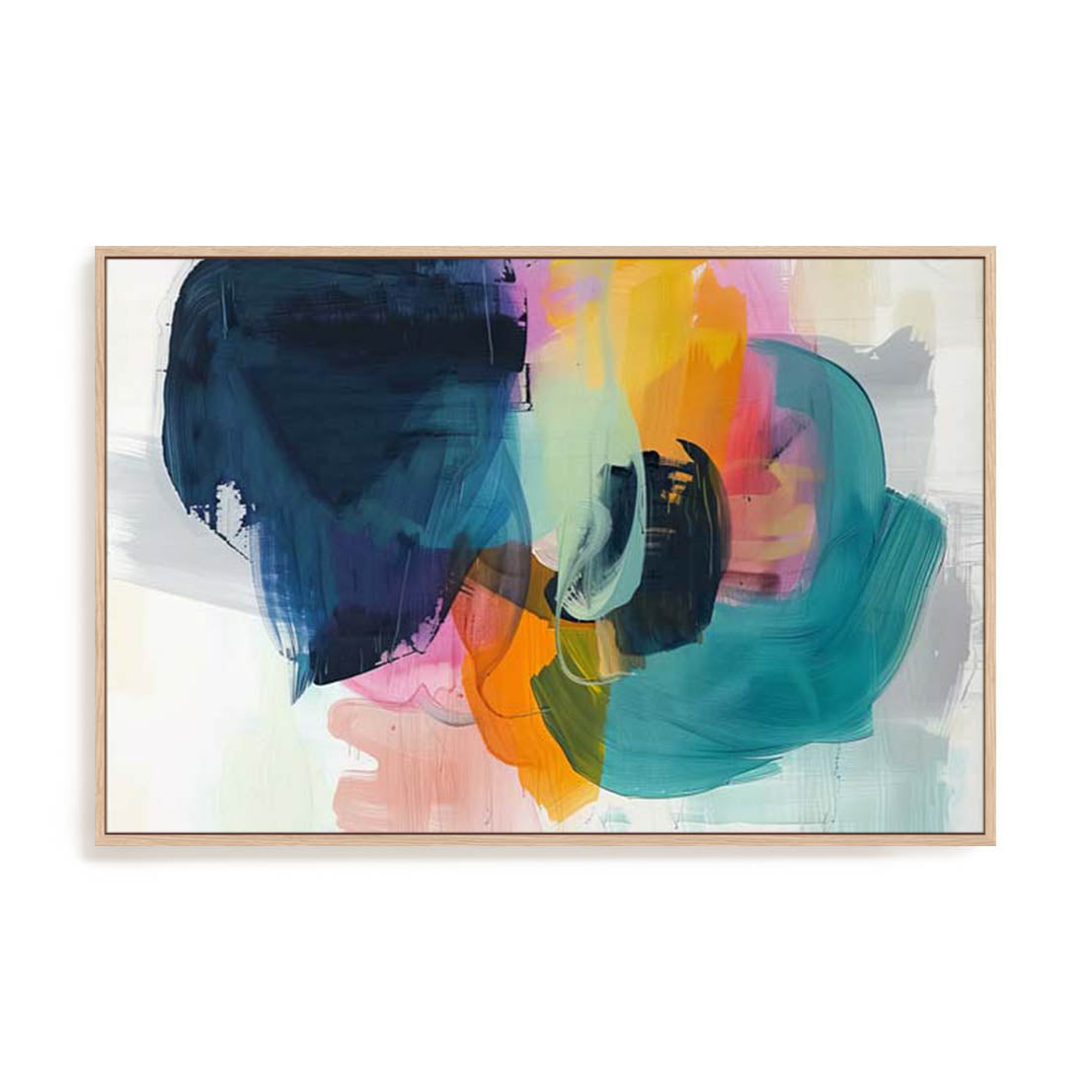 Wall Art Stretched Canvas In Natural Oak  Frame - Radiant Colorburst Adventure Ii Abstract Art