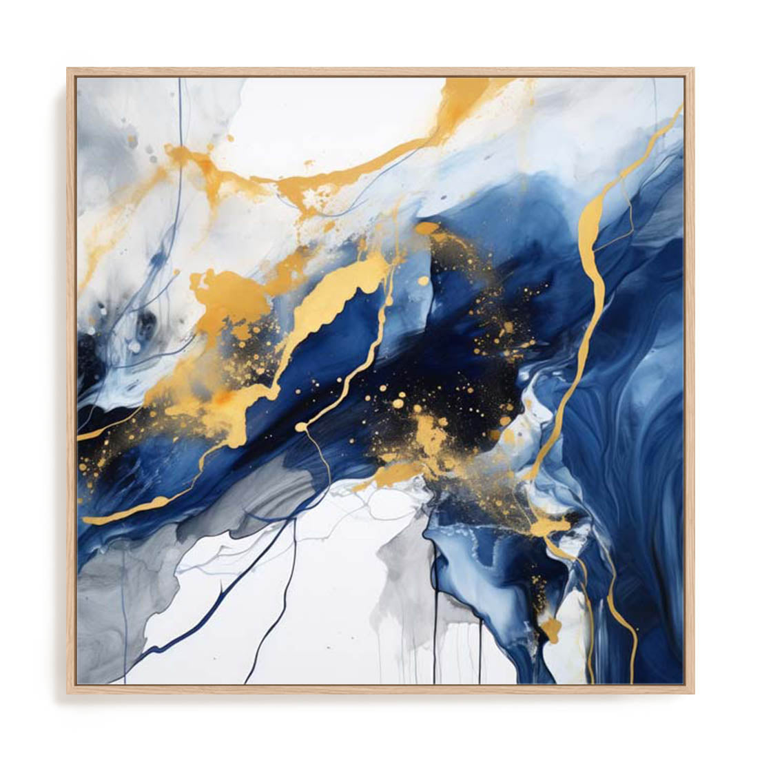 Wall Art Stretched Canvas In Natural Oak  Frame - Dancing Splatters Ii Abstract Art