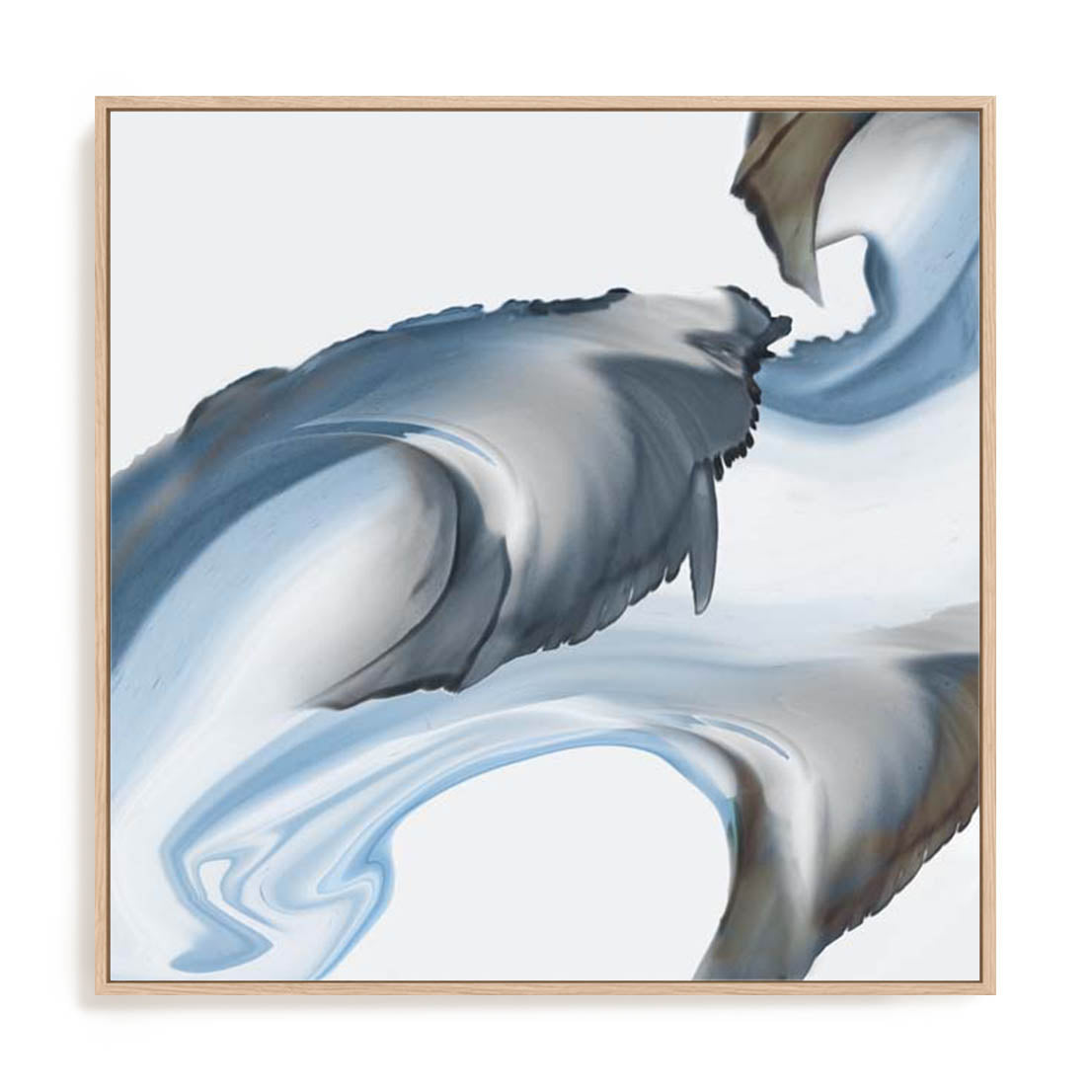 Wall Art Stretched Canvas In Natural Oak  Frame - Liquid Blue Motion I Abstract Art