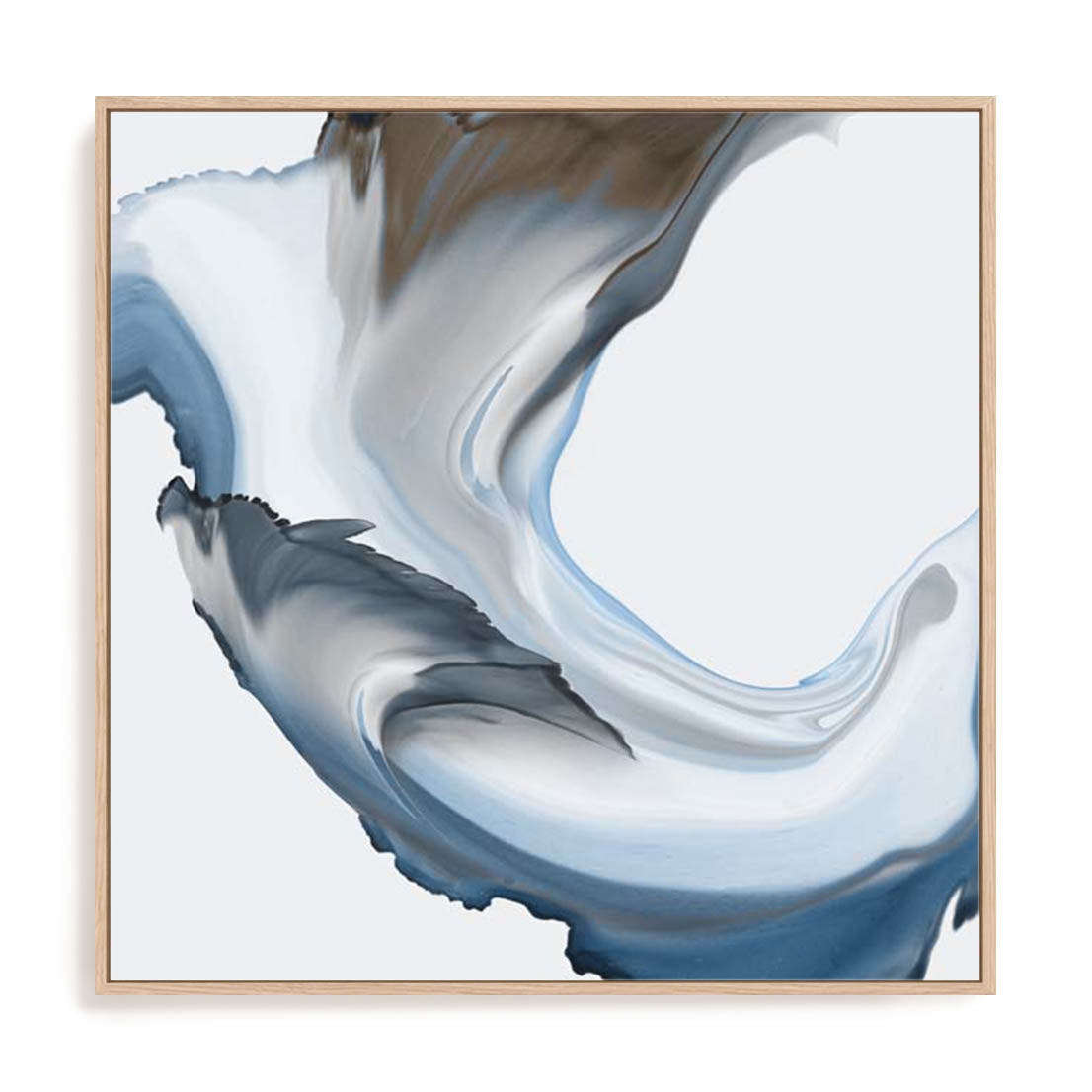 Wall Art Stretched Canvas In Natural Oak  Frame - Liquid Blue Motion Ii Abstract Art