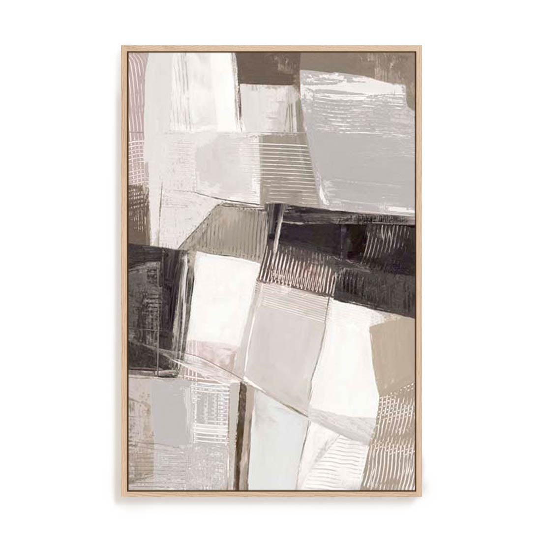 Wall Art Stretched Canvas In Natural Oak  Frame - Modern Mosaic Abstract Art