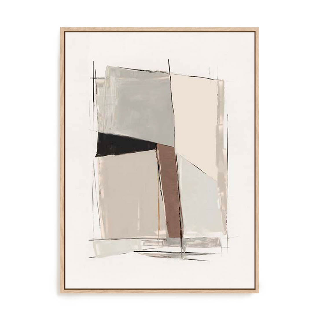 Wall Art Stretched Canvas In Natural Oak  Frame - Structured Balance Ii Abstract Art