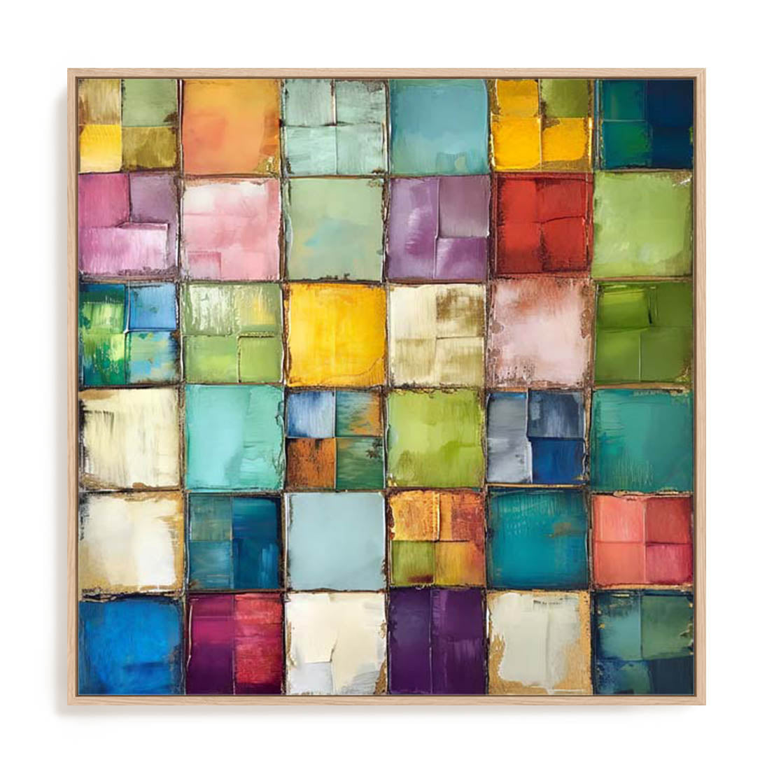 Wall Art Stretched Canvas In Natural Oak  Frame - Prismatic Palette Ii Abstract Art
