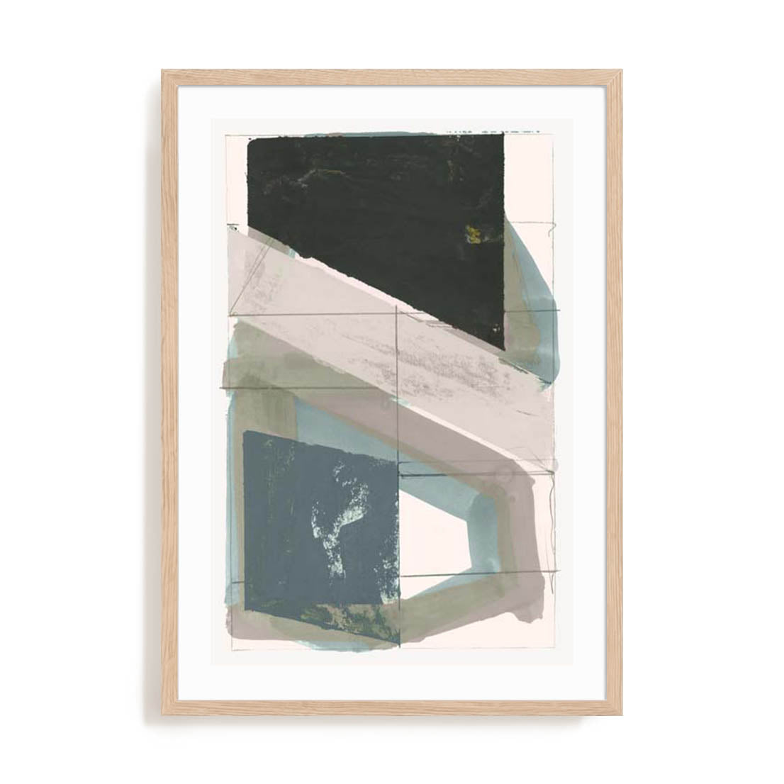 Wall Art Print Poster In Natural Oak Frame - Gentle Geo Ii Blue Abstract Art