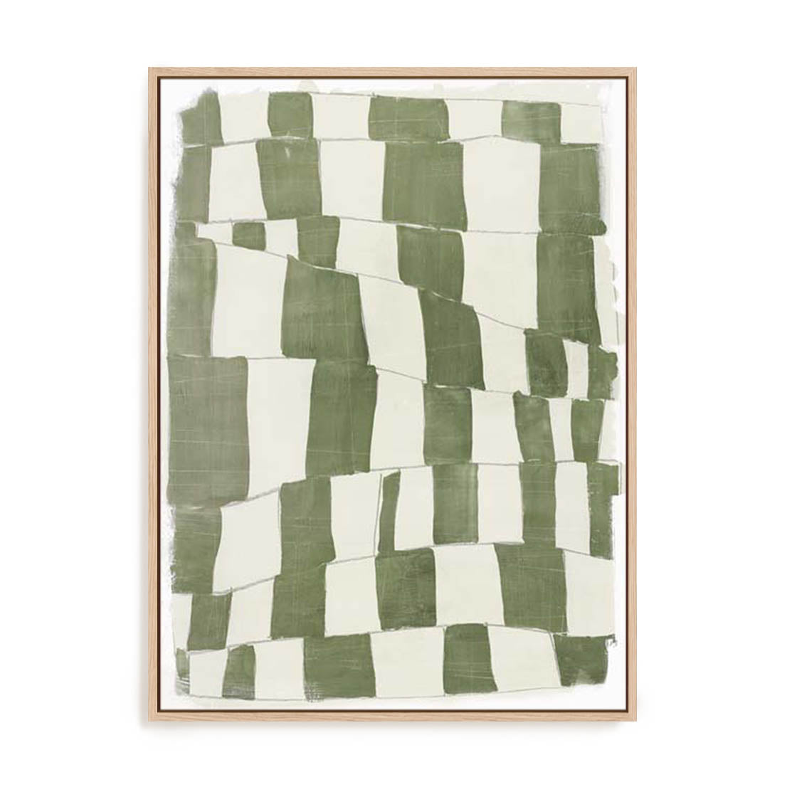 Wall Art Stretched Canvas In Natural Oak  Frame - Distorted Grid I Abstract Art