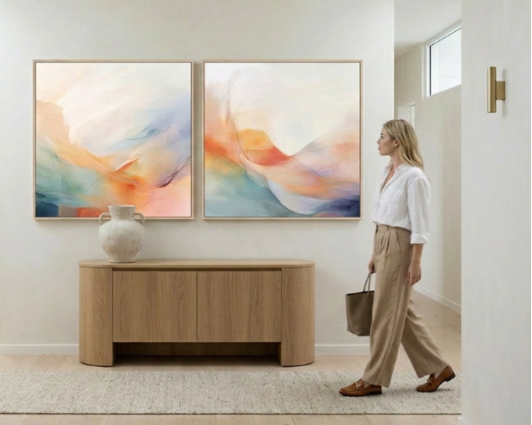 Woman walking in a modern home interior with abstract art on the wall.