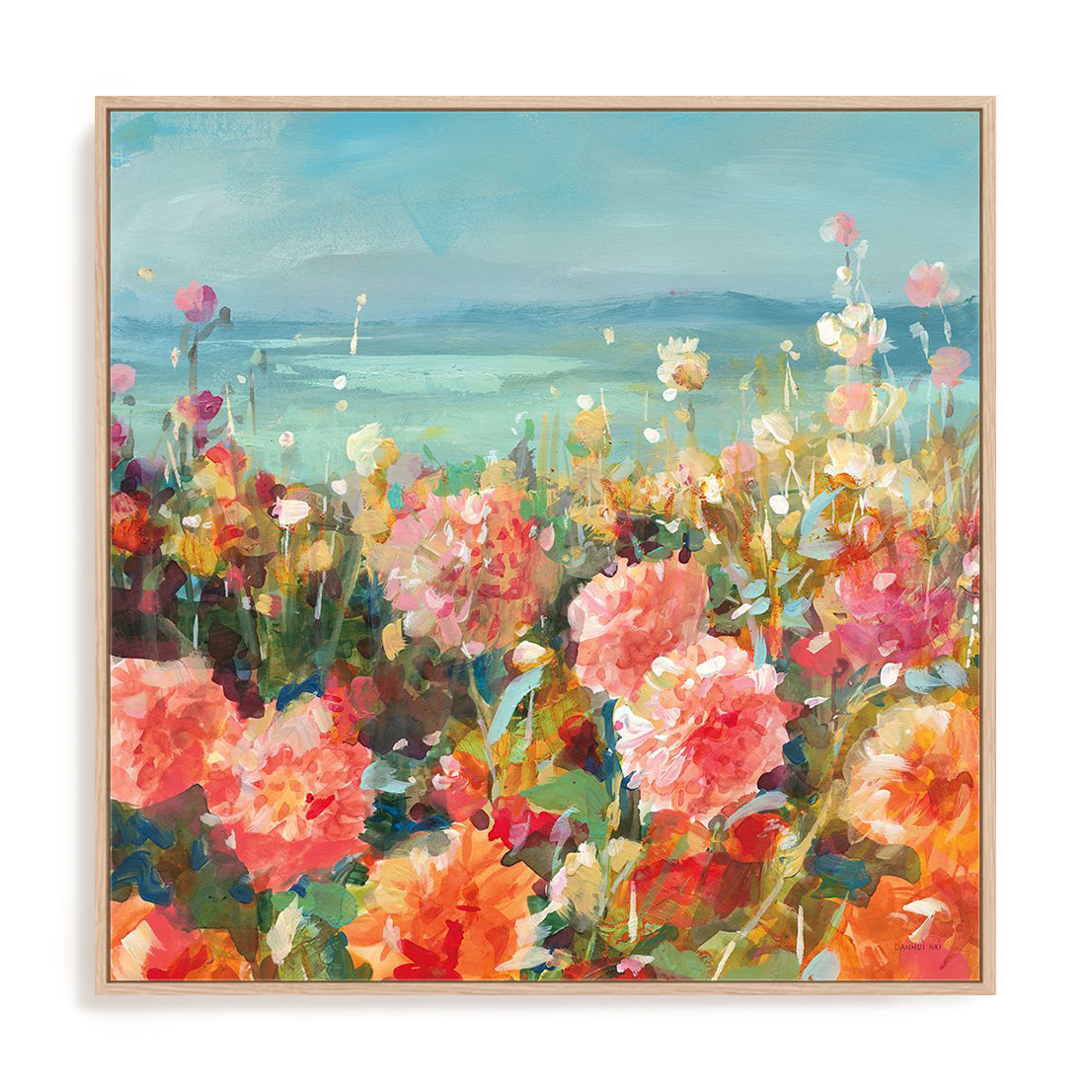 Coastal Dahlias Art in Stretched Canvas, Framed Print Under Glass, and Gallery Wrapped Shadow Box Canvas