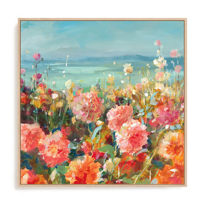 Coastal Dahlias Art in Stretched Canvas, Framed Print Under Glass, and Gallery Wrapped Shadow Box Canvas