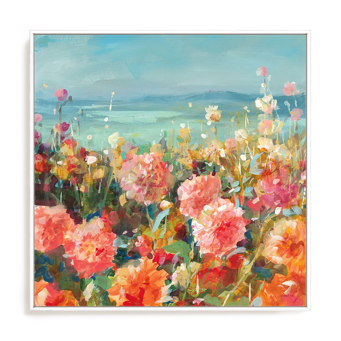Coastal Dahlias Art in Stretched Canvas, Framed Print Under Glass, and Gallery Wrapped Shadow Box Canvas