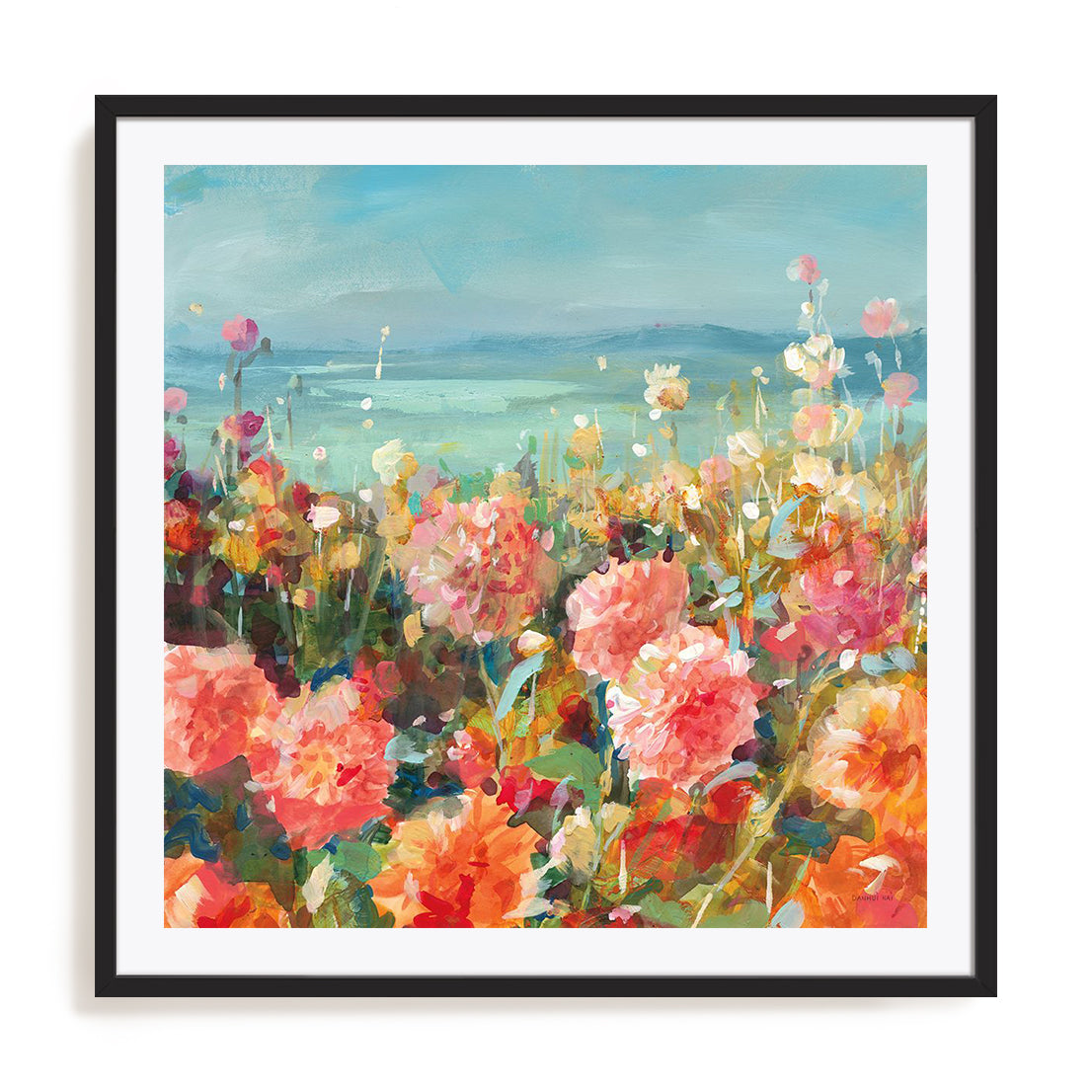 Coastal Dahlias Art in Stretched Canvas, Framed Print Under Glass, and Gallery Wrapped Shadow Box Canvas