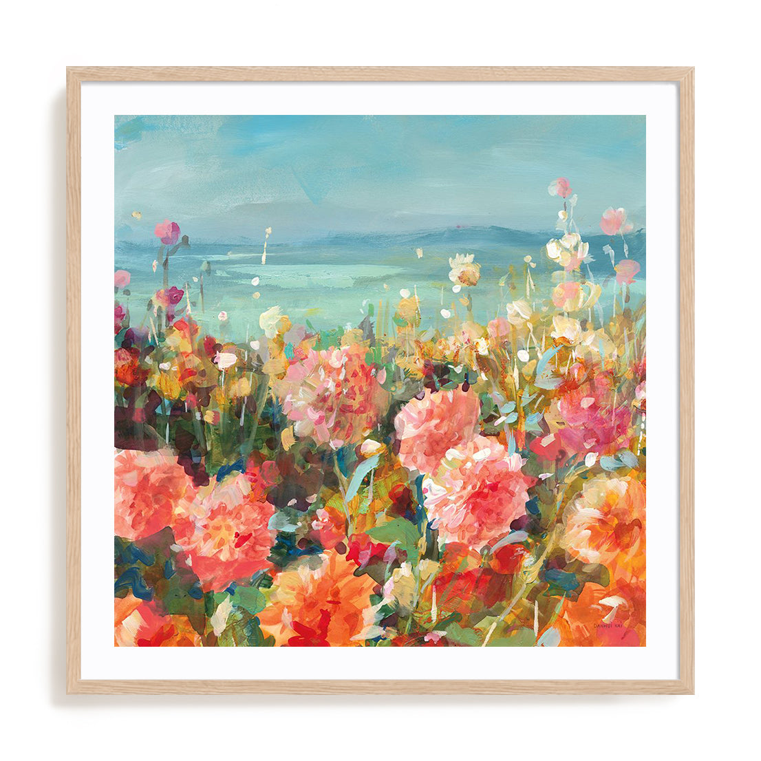 Coastal Dahlias Art in Stretched Canvas, Framed Print Under Glass, and Gallery Wrapped Shadow Box Canvas