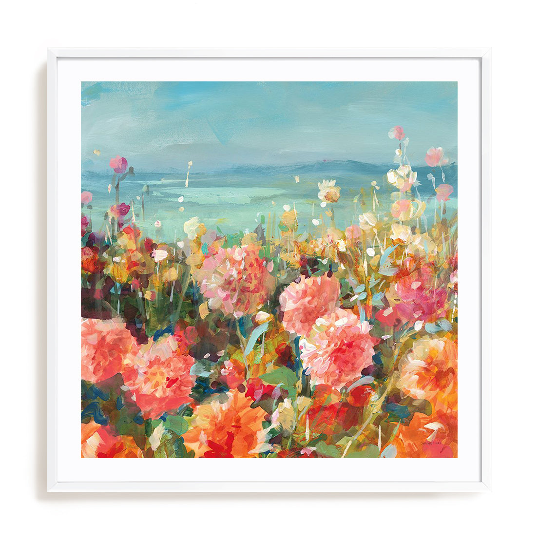 Coastal Dahlias Art in Stretched Canvas, Framed Print Under Glass, and Gallery Wrapped Shadow Box Canvas
