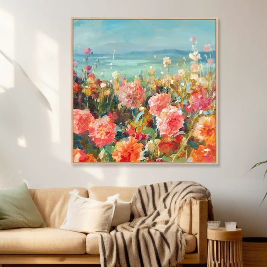 Coastal Dahlias Art in Stretched Canvas, Framed Print Under Glass, and Gallery Wrapped Shadow Box Canvas