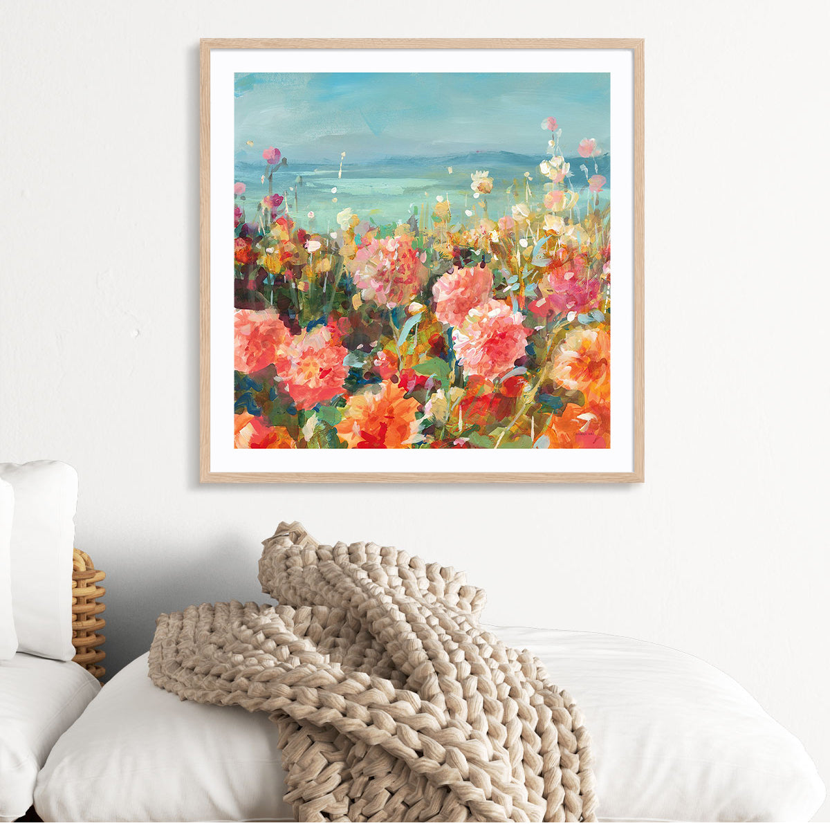 Coastal Dahlias Art in Stretched Canvas, Framed Print Under Glass, and Gallery Wrapped Shadow Box Canvas
