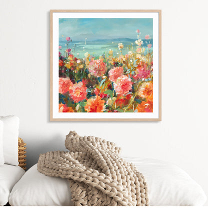 Coastal Dahlias Art in Stretched Canvas, Framed Print Under Glass, and Gallery Wrapped Shadow Box Canvas