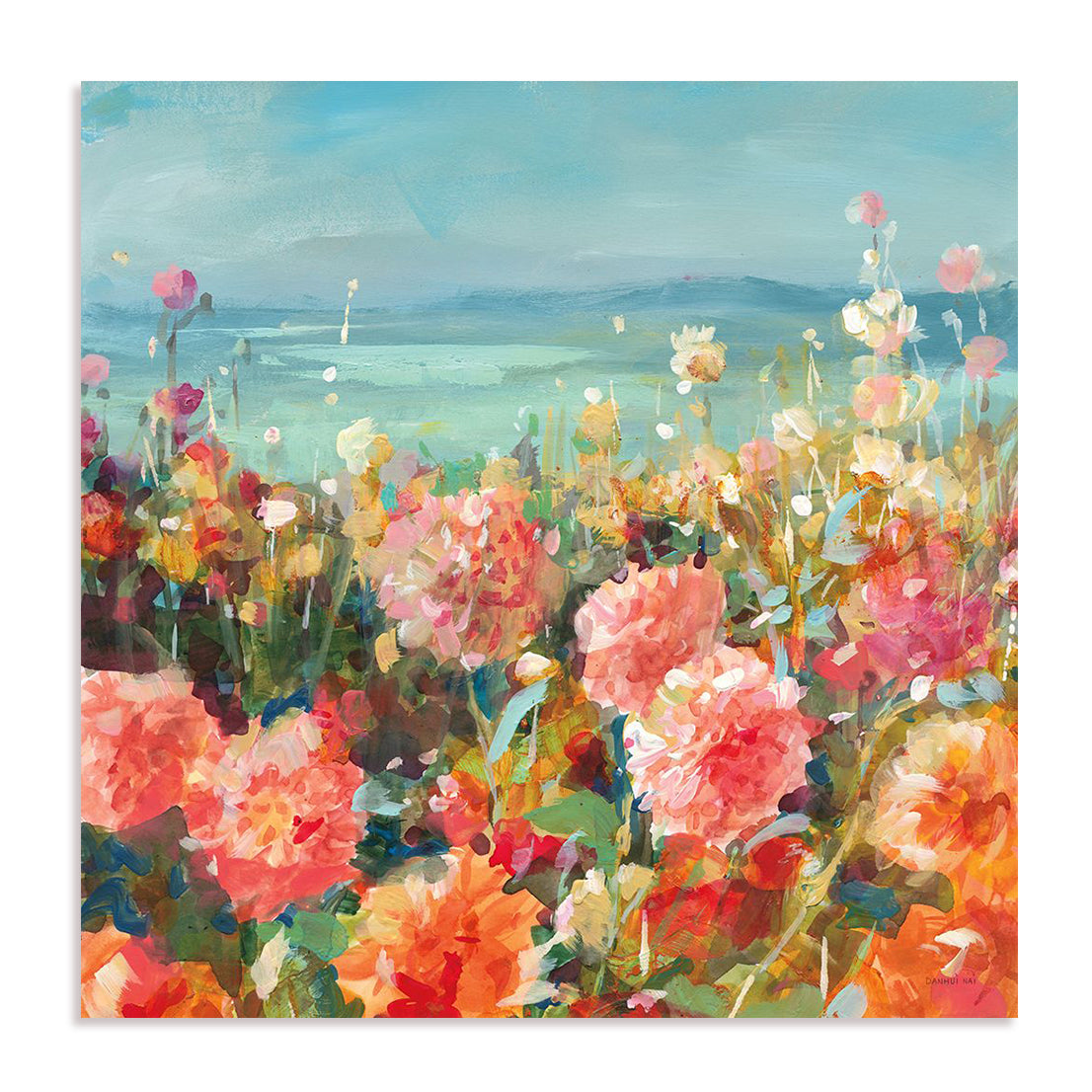 Coastal Dahlias Art in Stretched Canvas, Framed Print Under Glass, and Gallery Wrapped Shadow Box Canvas