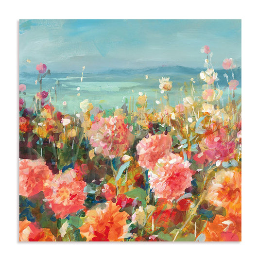 Coastal Dahlias Art in Stretched Canvas, Framed Print Under Glass, and Gallery Wrapped Shadow Box Canvas