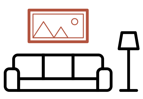 Line drawing of a living room with a couch, lamp, and framed picture.